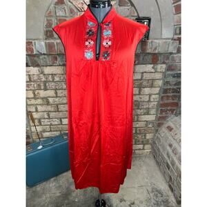 nightgown red satin embroidered flowers mandarin collar knee length